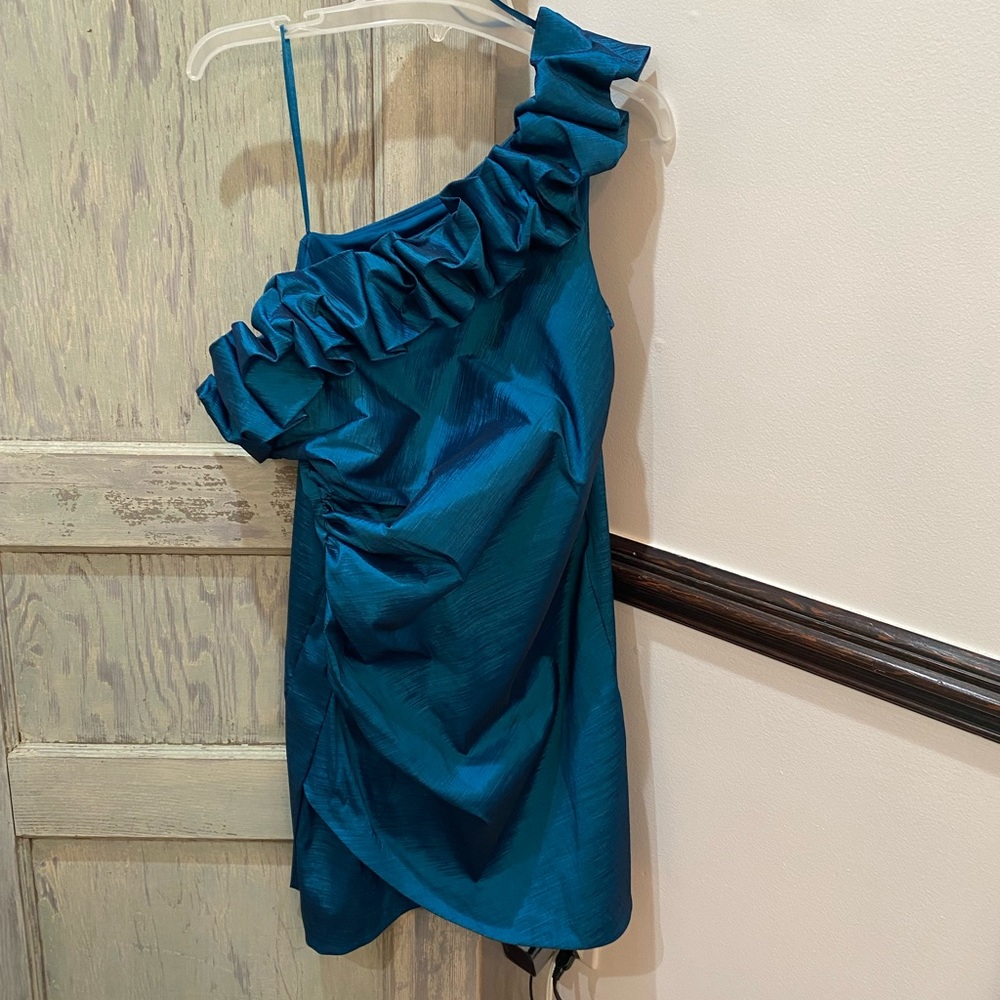 S.L. Fashions Teal One Shoulder Dress